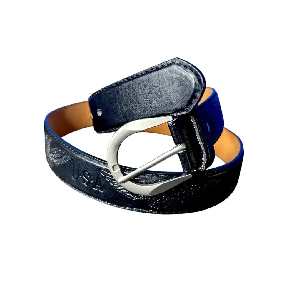 Womens Black Genuine Leather Belt Sz L 30-40 USA Eagle Classic Casual Patriotic
